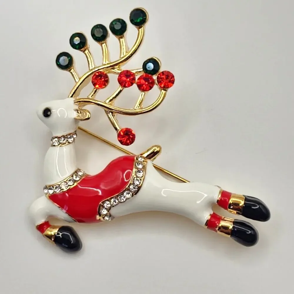 Flying Reindeer Christmas Brooch Enamel and Rhinestones Holiday
